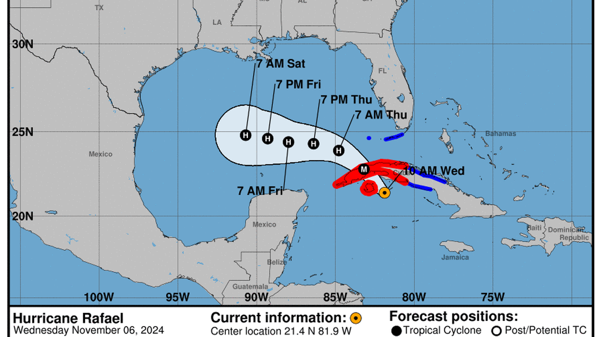 This graphic created by the National Weather Service/NCEP Weather Prediction Center (WPC) shows the projected path.
NATIONAL HURRICANE CENTER