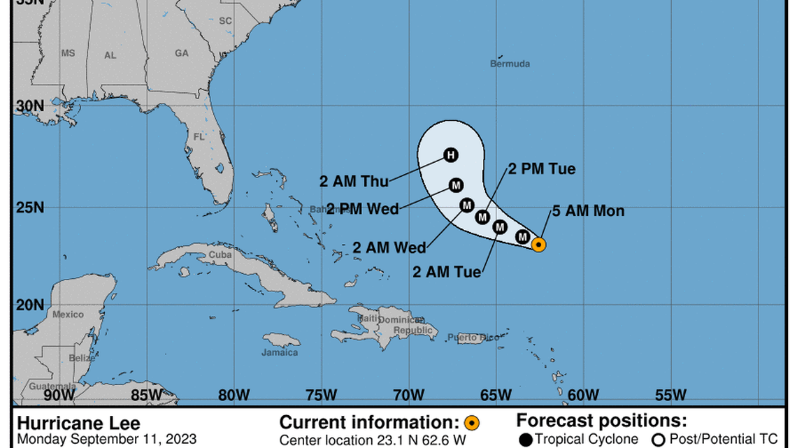 Category 3 Hurricane Lee updates from the National Hurricane Center for Monday, Sep 11