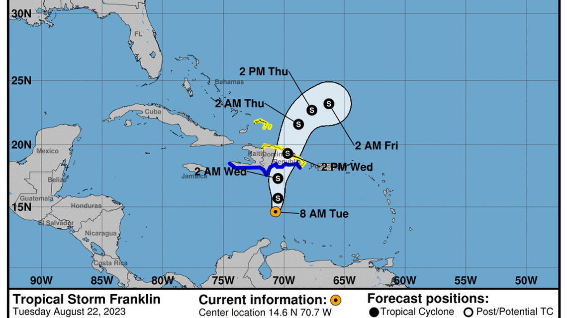 Tropical Storm Franklin’s status update: ‘Some strengthening is forecast before Franklin reaches Hispaniola’