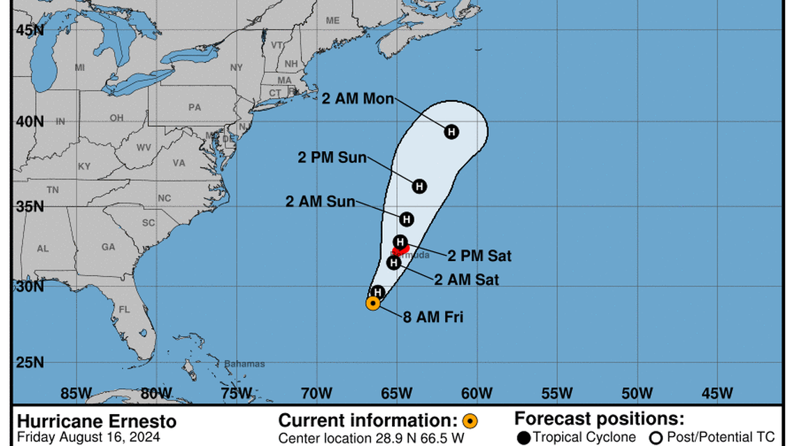 Category 2 Hurricane Ernesto updates from the National Hurricane Center for Friday, Aug 16