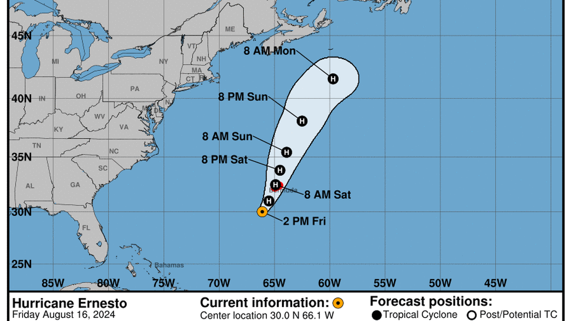 Category 2 Hurricane Ernesto updates from the National Hurricane Center for Friday, Aug 16