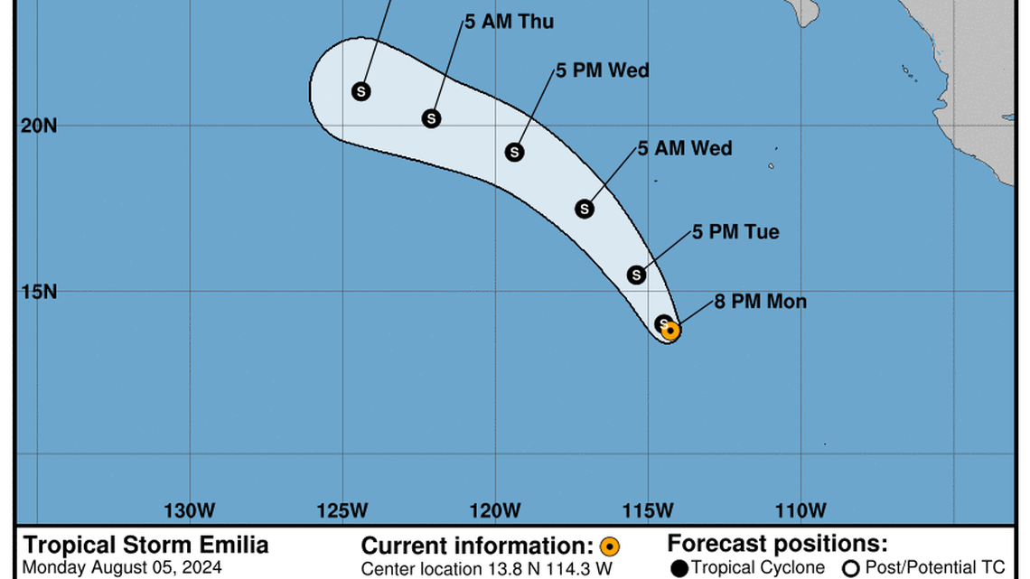 Latest update from the NHC on Tropical Storm Emilia for Monday, Aug 5