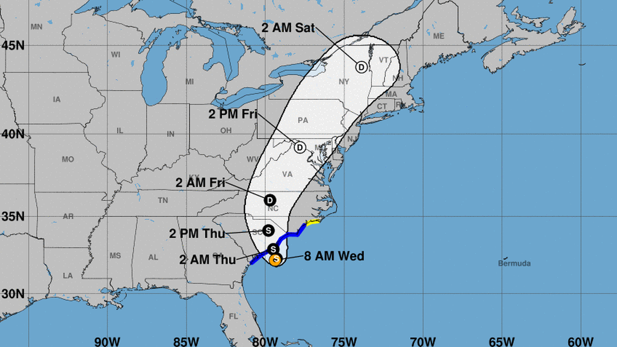 This graphic created by the National Weather Service/NCEP Weather Prediction Center (WPC) shows the projected path.
NATIONAL HURRICANE CENTER