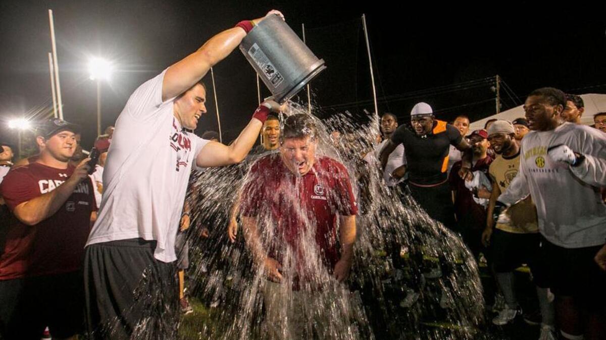 
USC Athletic DIrectdor Ray Tanner takes the ALS Ice Bucket Challenge.
