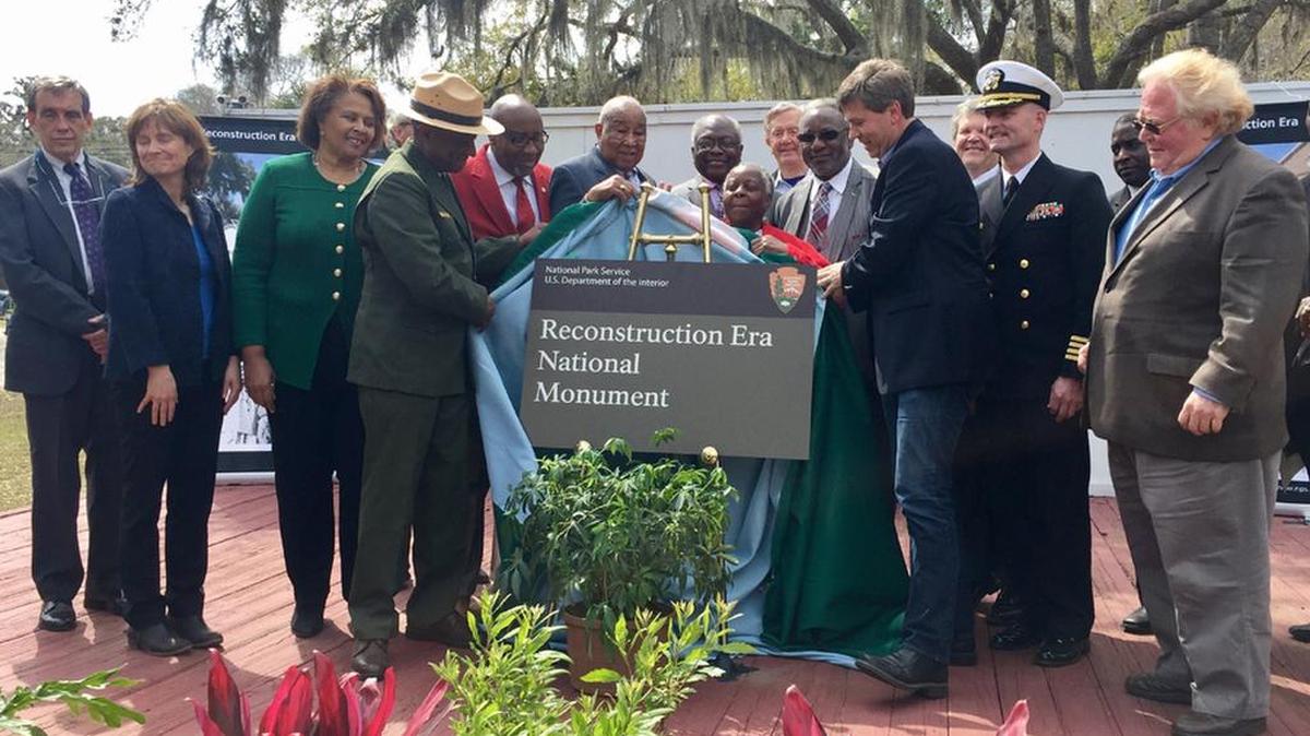 Dignitaries unveil the sign for the Reconstruction Era National Monument in Beaufort earlier this year.