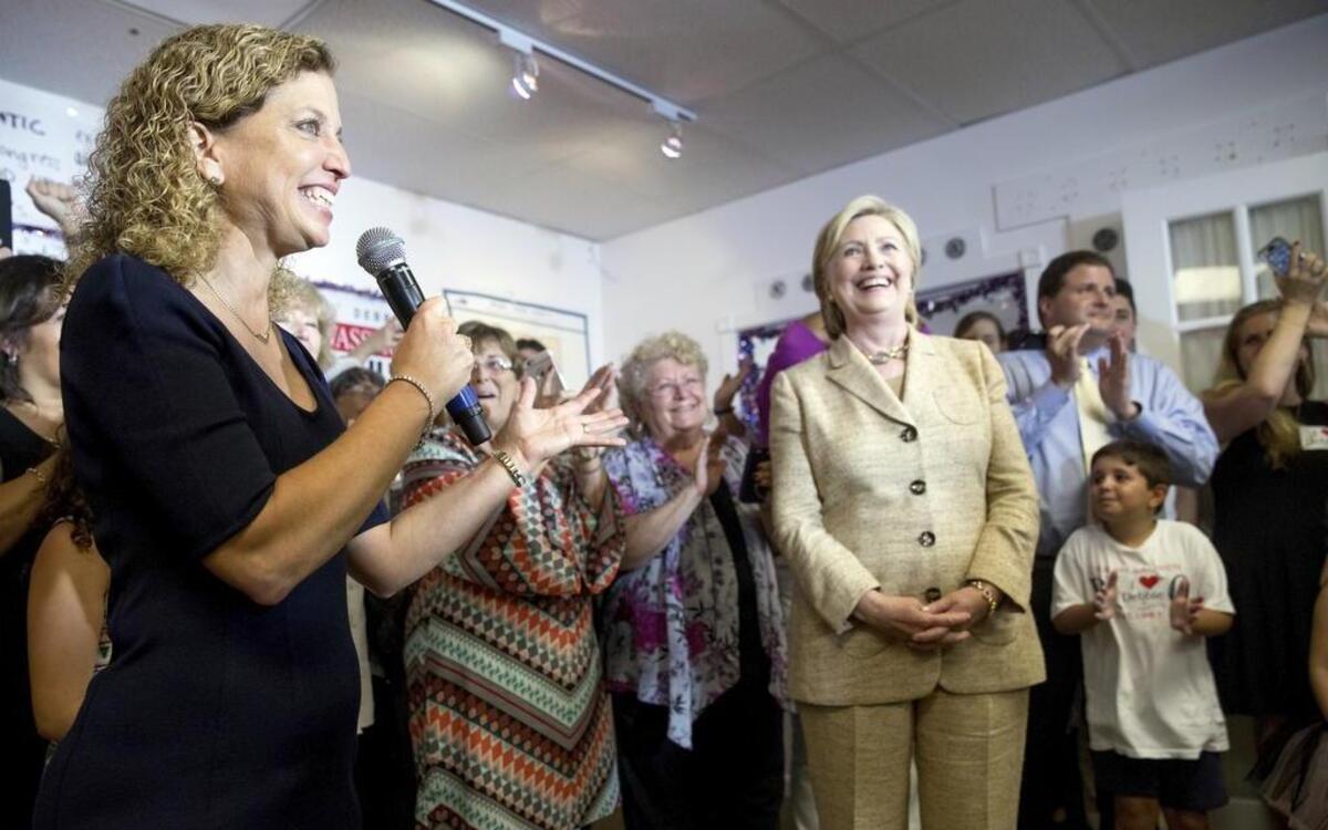 Rep. Debbie Wasserman Schultz, D-Fla. introduces Hillary Clinton at a campaign event in 2016. Wasserman Schultz was also the chairman of the Democratic National Committee.