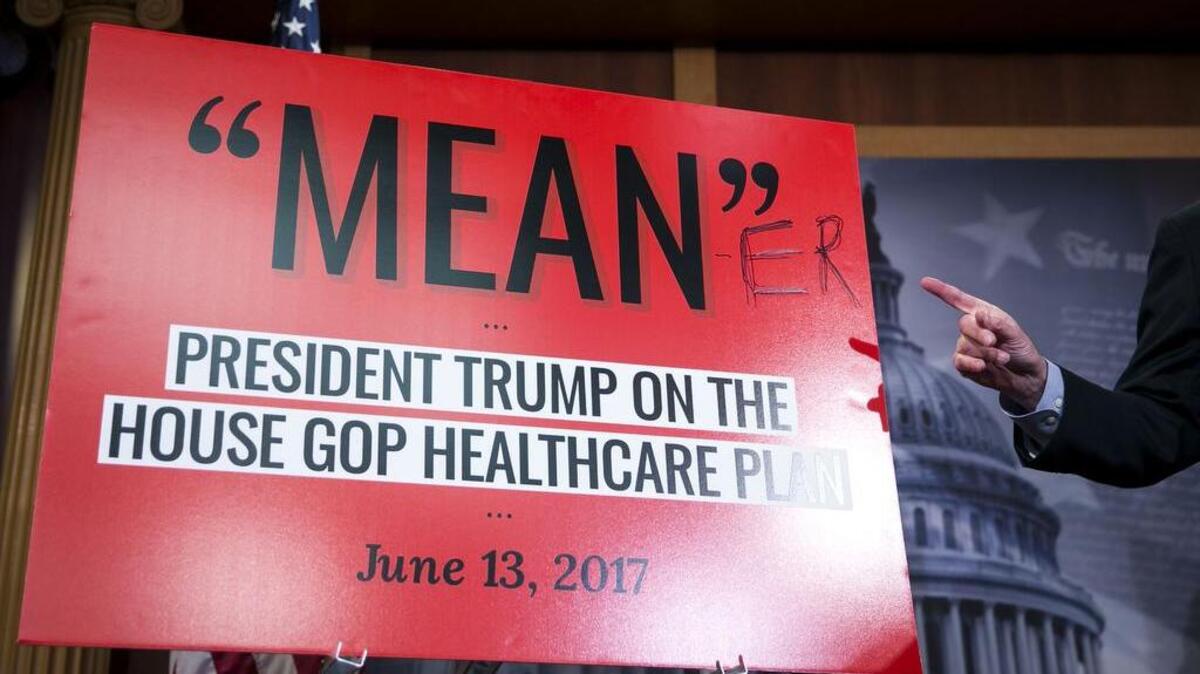 Senate Minority Leader Chuck Schumer edits a quote attributed to President Donald Trump to comment on Senate Republicans’ health-care legislation.