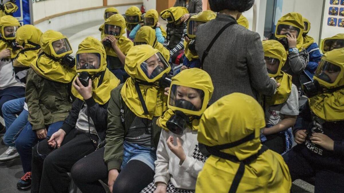 South Korean students learn to use gas masks earlier this year in case of chemical or biological attacks. The standoff over North Korea’s nuclear program has long been shaped by the view that any US attempt to destroy it would provoke a brutal counterattack against South Korea too damaging to risk.
