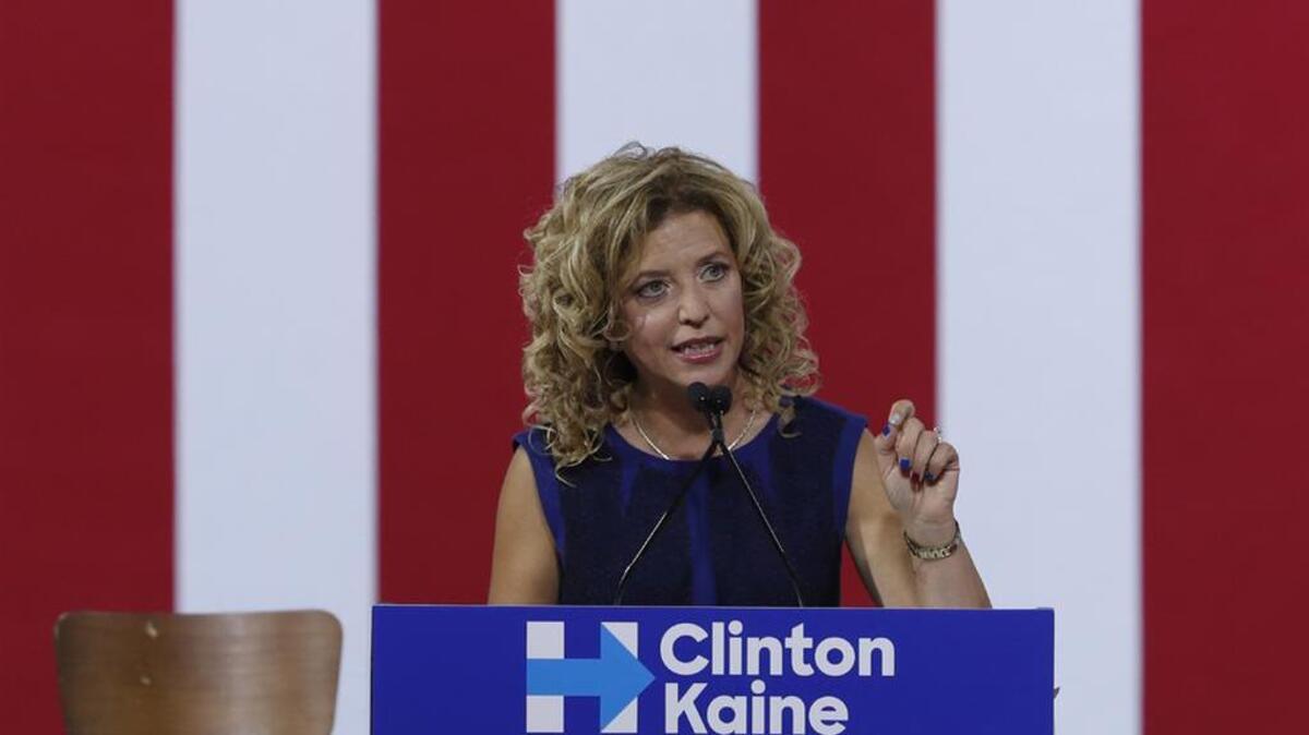 Then-DNC Chairwoman Debbie Wasserman Schultz speaks during a July 23 campaign event Hillary Clinton. She stepped down after hacked emails showed she was supporting Clinton during the primaries.