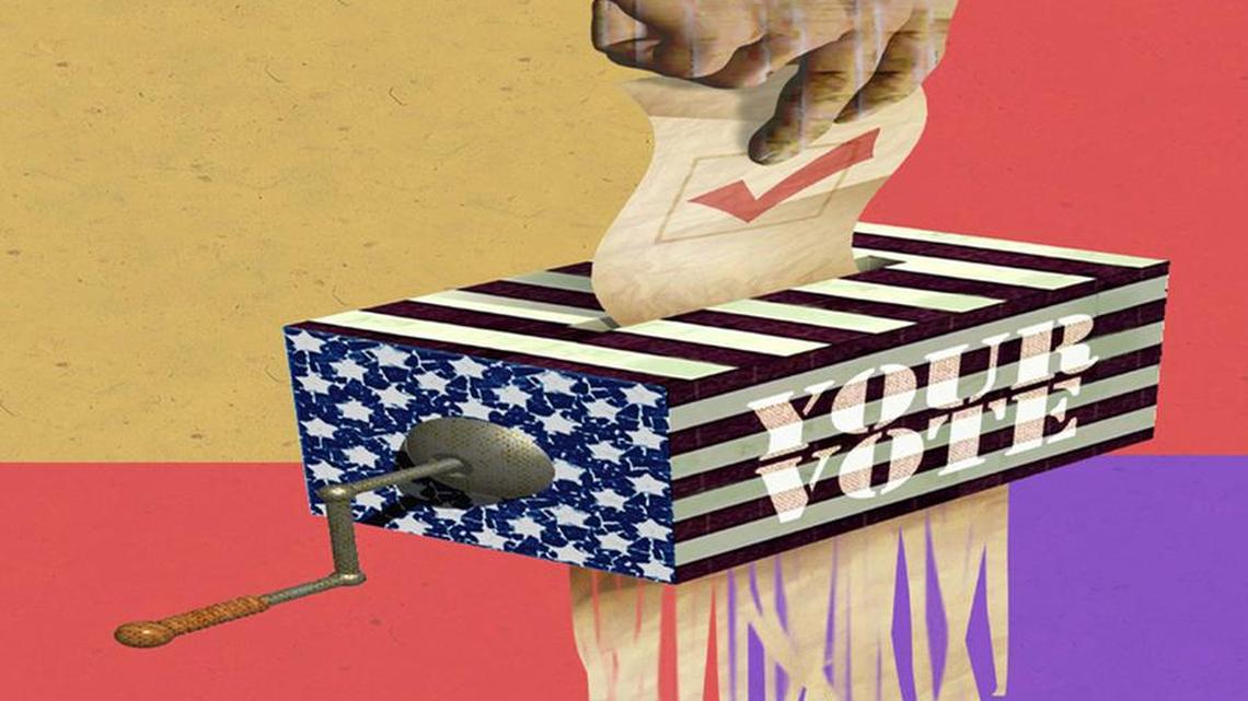300 dpi Rick Nease color illustration of hand placing vote in American ballot box that shreds the paper put into it. Detroit Free Press 2007<p>

krteln2008 vote recall illustration ballot box shredder voter fraud electoral votes voting elections primary america american democracy 11000000, krtgovernment government, krtnational national, krtpolitics politics, POL, 11003007, krteln election, krtuspolitics, vote, VOTE, voting, 2007, krt2007, krt, mctillustration, de contributor coddington nease mct mct2007, de contributed