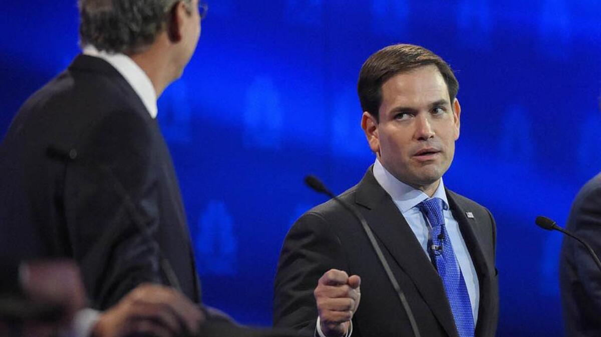 Marco Rubio and Jeb Bush argue a point during the Oct. 28 CNBC Republican presidential debate.