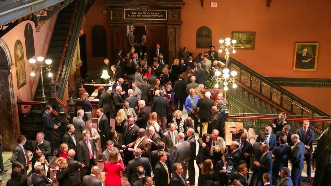 Lobbyists mill in the lobby between the SC House and Senate. The Legislature controls all power in South Carolina.