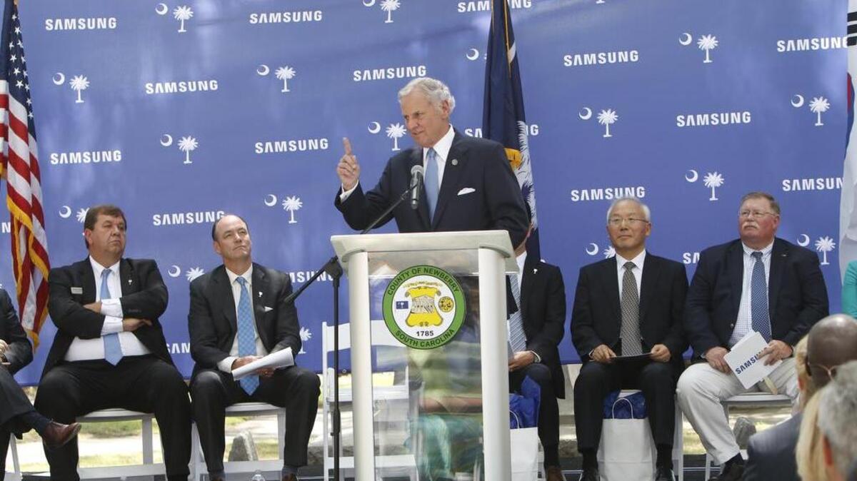 SC Gov Henry McMaster speaks during the June announcement that Samsung is opening a factory in Newberry.