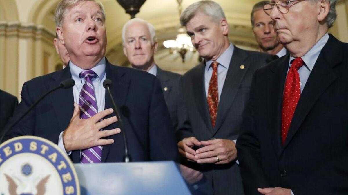 US Sen Lindsey Graham discusses his health legislation along with Senate Majority Whip Sen. John Cornyn Sen. Bill Cassidy, Sen. John Thune and Senate Majority Leader Mitch McConnell.