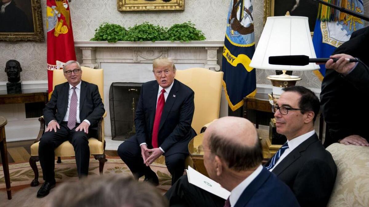 President Donald Trump meets Wednesday with Jean-Claude Juncker, president of the European CommissionAlso pictured, from right, are Treasury Secretary Steven Mnuchin and Commerce Secretary Commerce Wilbur Ross. 
