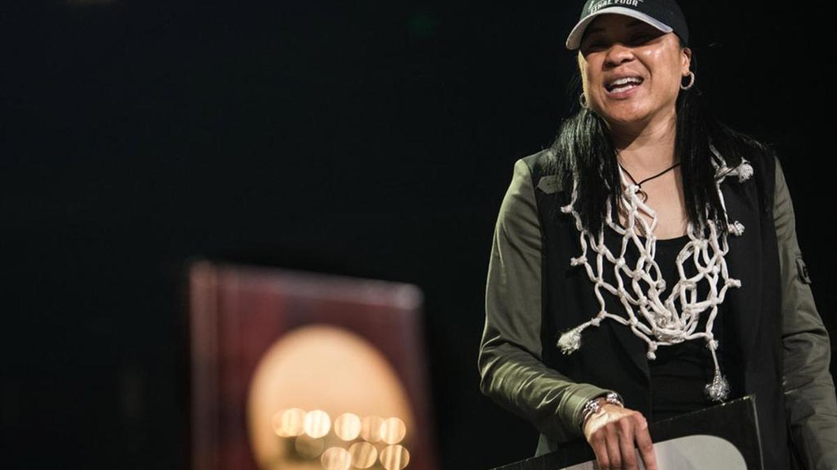 University of South Carolina women’s basketball Coach Dawn Staley celebrates winning the 2017 NCAA championship.