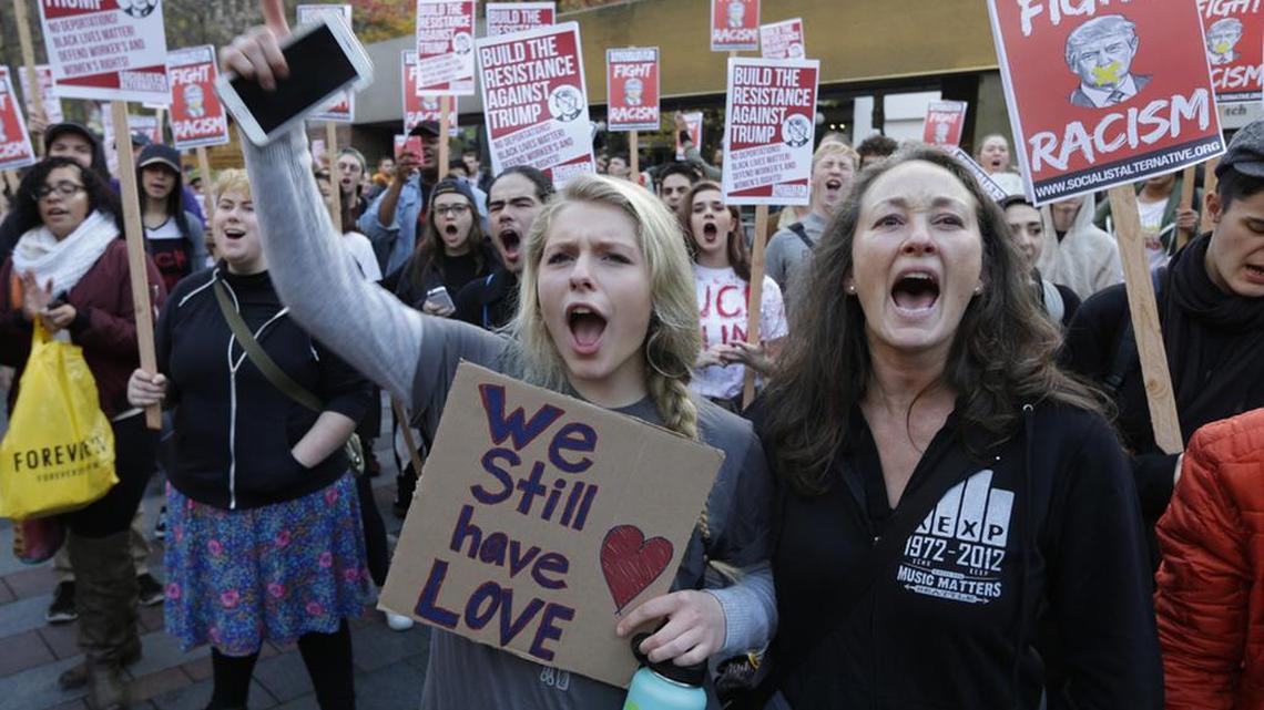 Hillary Clinton supporters protest Donald Trump’s election in Seattle.