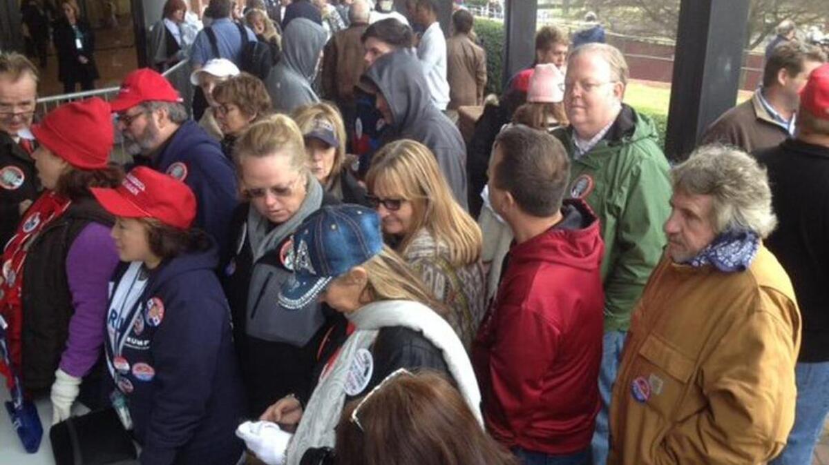 A crowd forms at one entrance to Winthrop Coliseum in advance of a visit in January by Donald Trump.