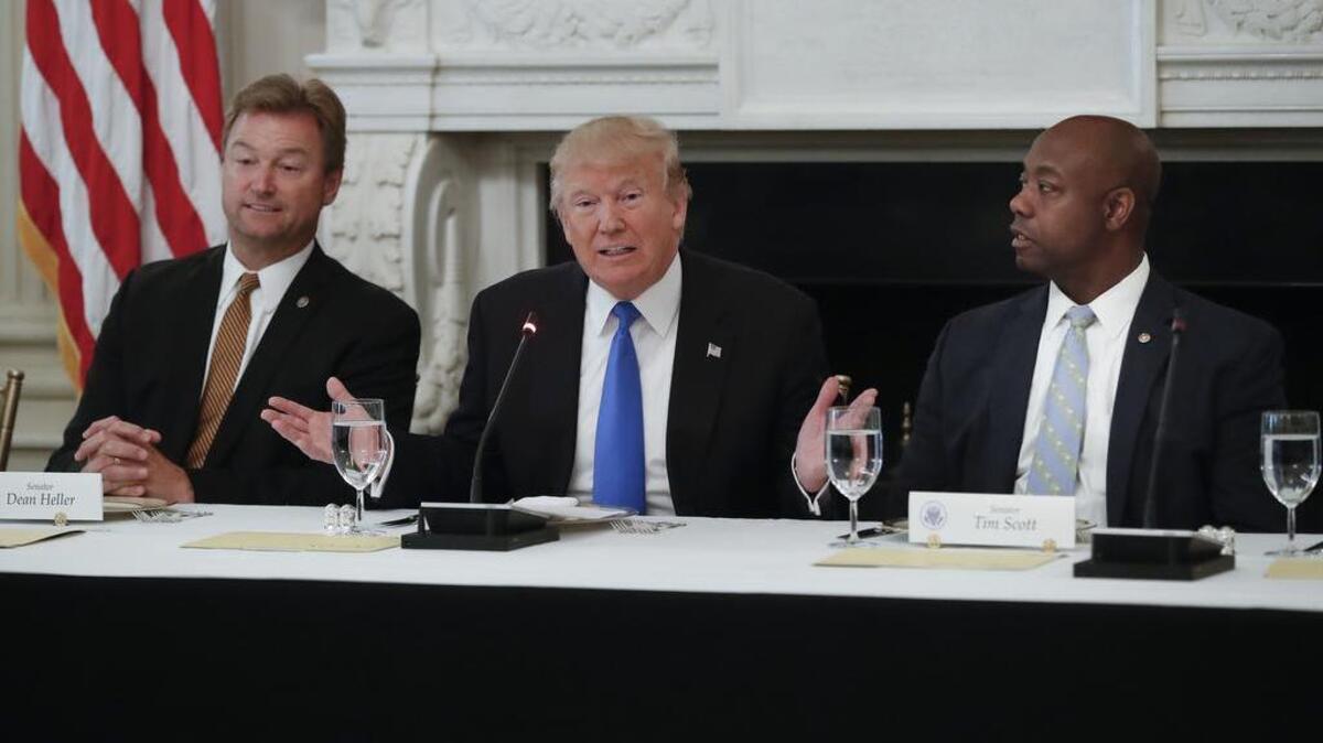 President Donald Trump, flanked by Sens Dean Heller and Tim Scott, speaks at a luncheon with GOP leadership in July.