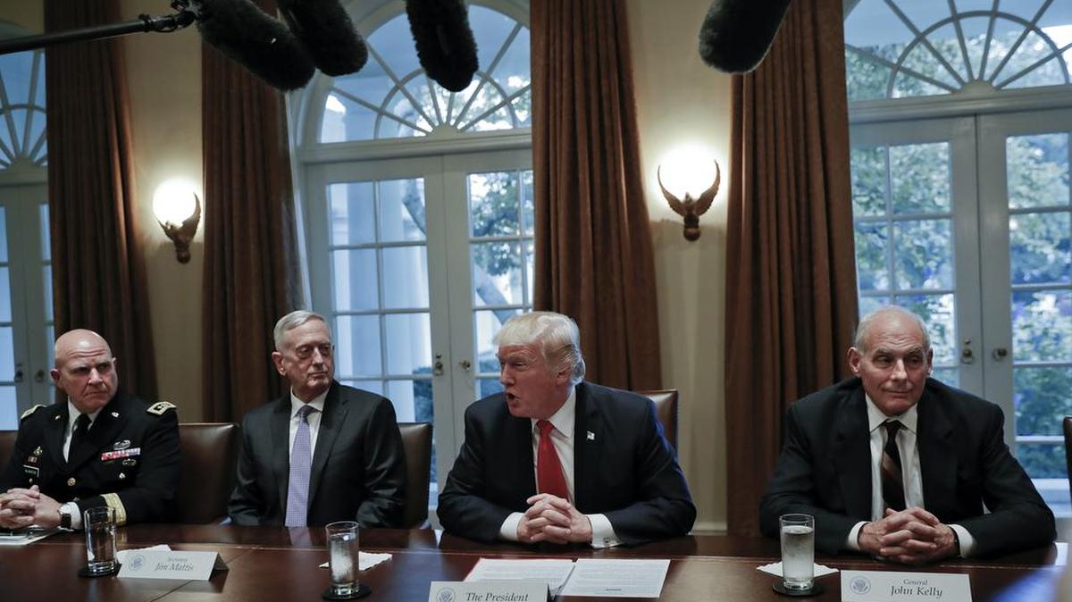 President Donald Trump speaks during a briefing with senior military leaders. Sitting with Trump from left, National Security Adviser H.R. McMaster, Defense Secretary Jim Mattis and White House Chief of Staff John Kelly.