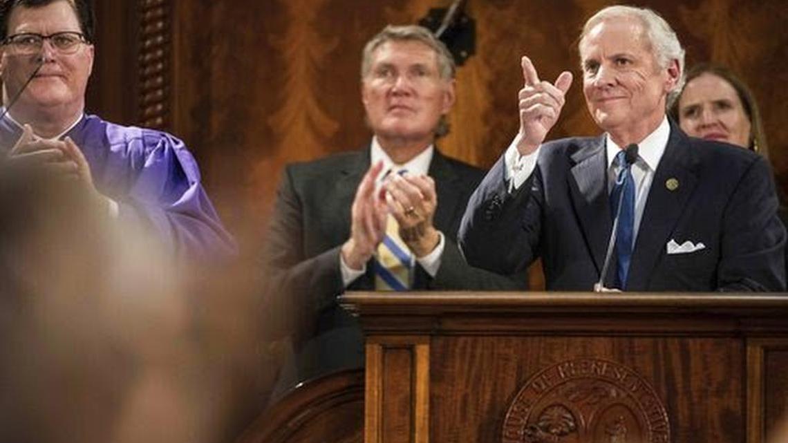Sen. Harvey Peeler, center, stands behind S.C. Gov. Henry McMaster at the 2018 State of the State address. Peeler is in line to assume a powerful new position in the state Senate.