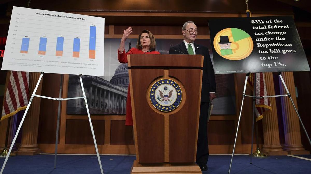 House Minority Leader Nancy Pelosi and Senate Minority Leader Chuck Schumer denounce the Republican tax bill.
