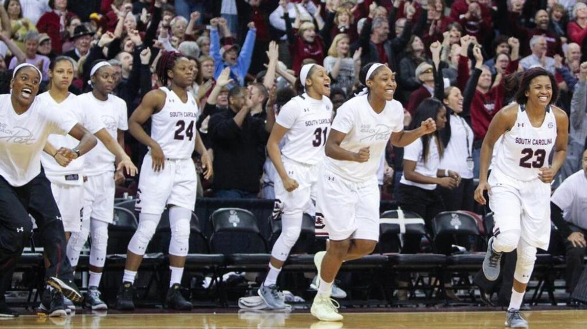The Gamecocks celebrate their victory over Texas A&M in January.