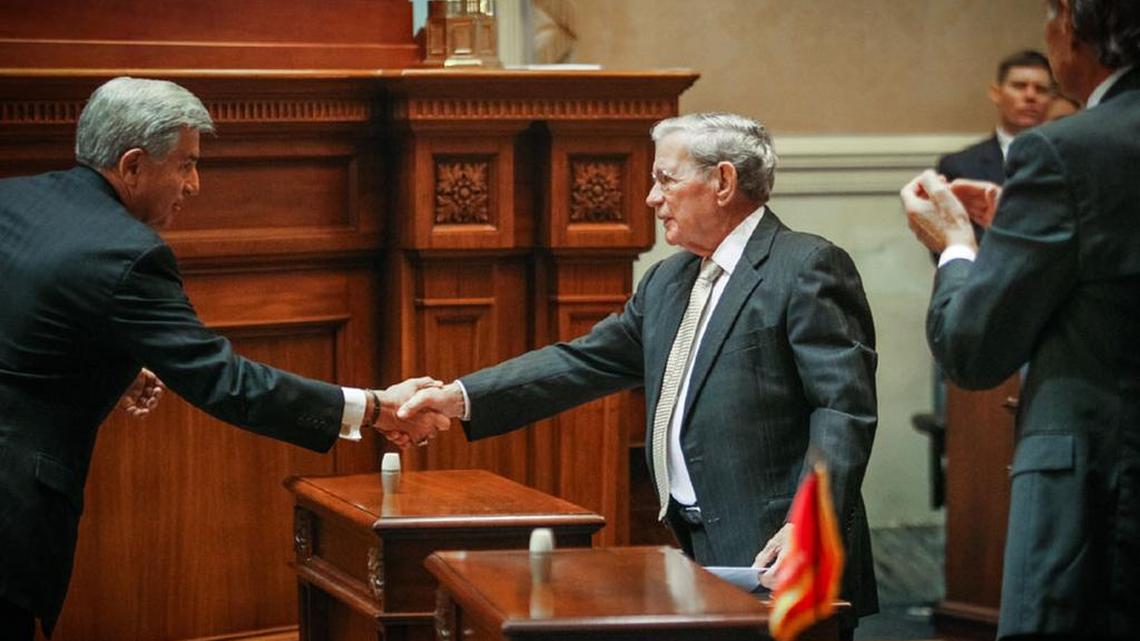 Senate Democratic Leader Nikki Setzler congratulates President Pro Tem Hugh Leatherman on his re-election last week.