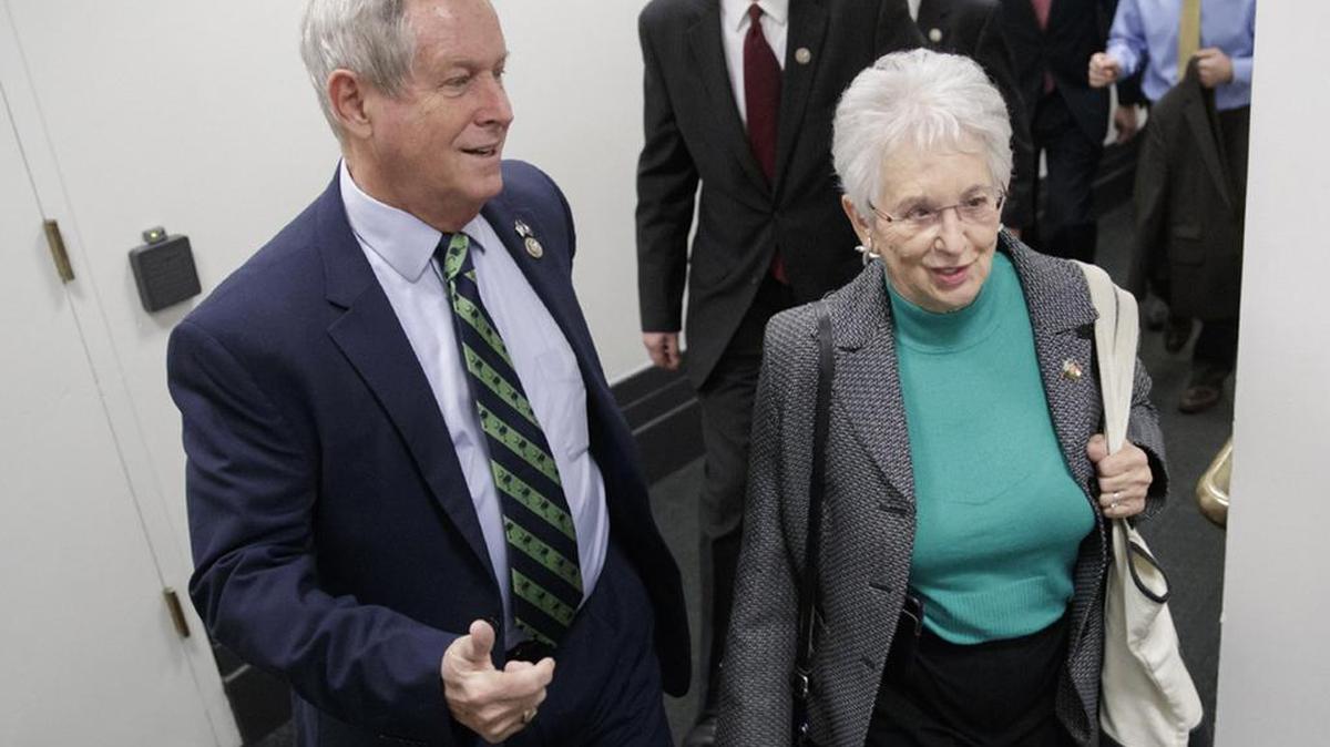 US Rep. Joe Wilson arrives with Rep. Virginia Foxx other GOP lawmakers for a closed-door strategy session in February.