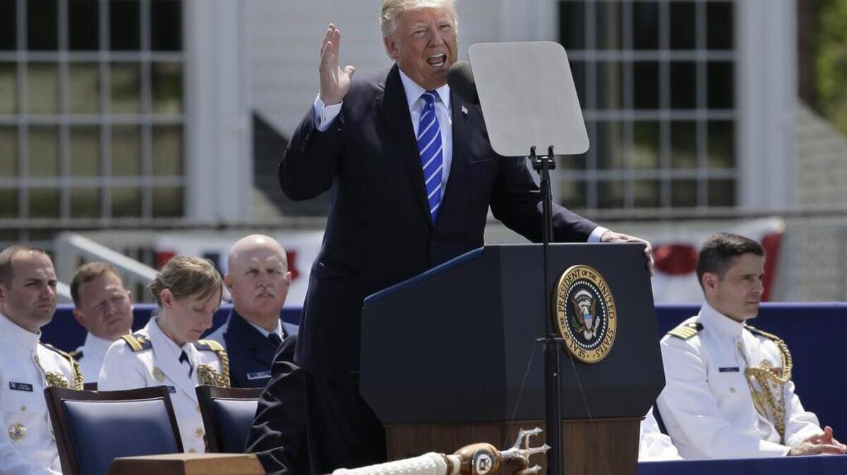 President Donald Trump gives his commencement address at the U.S. Coast Guard Academy in mid-May.
