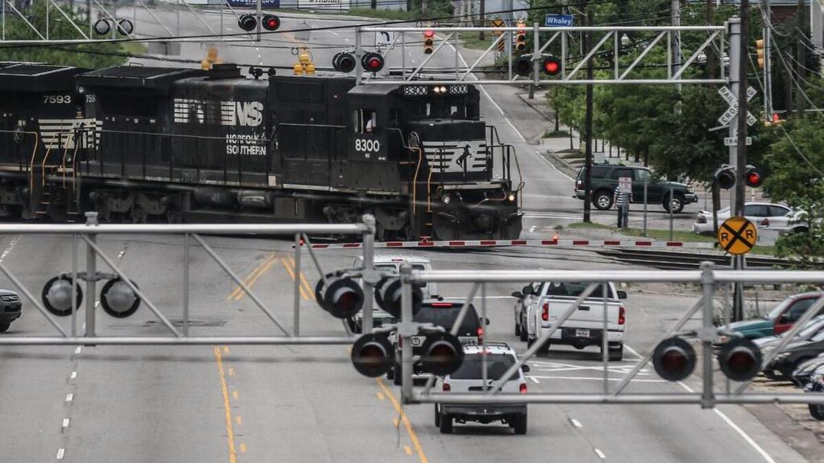 A train, complete with very loud whistle, blocks the intersection of Whaley and Assembly streets in Columbia. Again.
