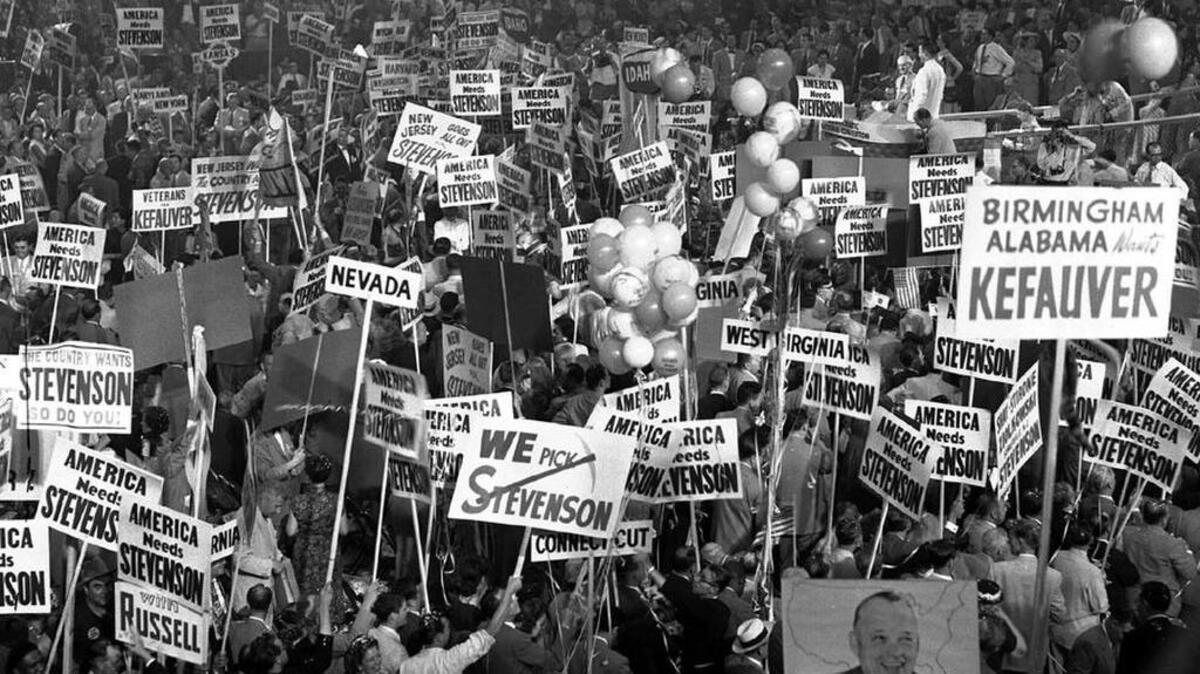 The floor of the Democratic National Convention in Chicago is jammed with cheering delegates and waving signs and demonstations on July 24,1952, after the name of Gov. Adlai Stevenson was placed in nomination for the presidency.