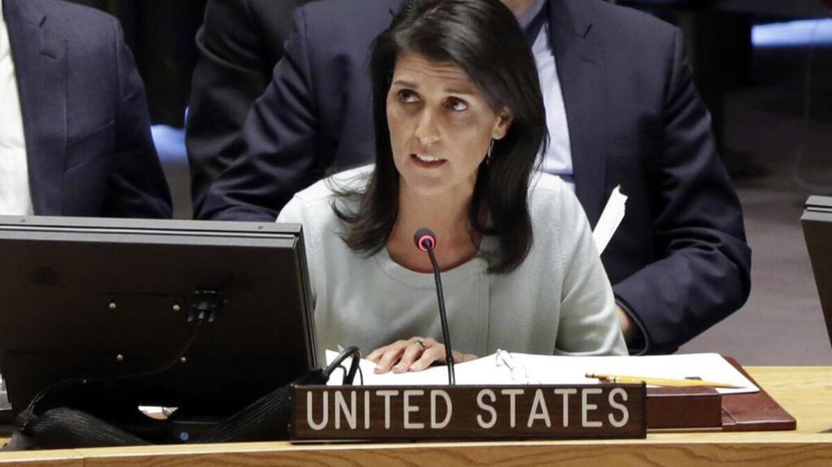 UN Ambassador Nikki Haley addresses a Security Council meeting on Feb 2.