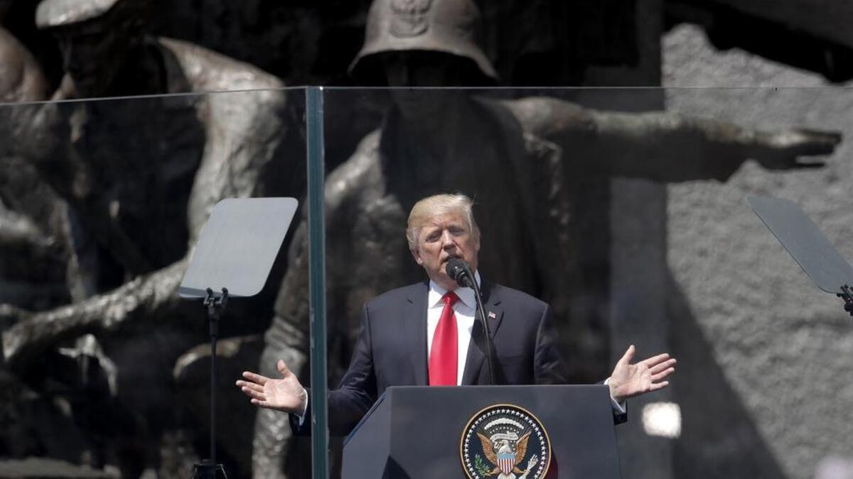 President Donald Trump delivers a speech in Warsaw, Poland, in July.