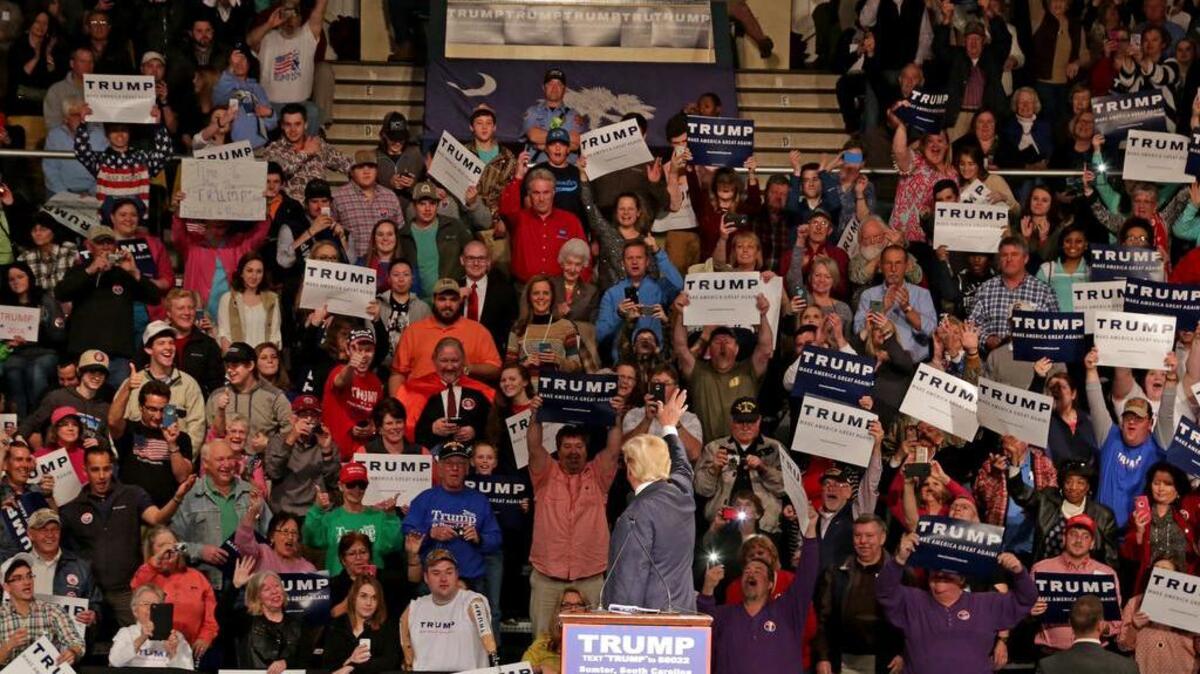 Republican presidential candidate Donald Trump is introduced to a packed house inside the Sumter Civic Center earlier this month.