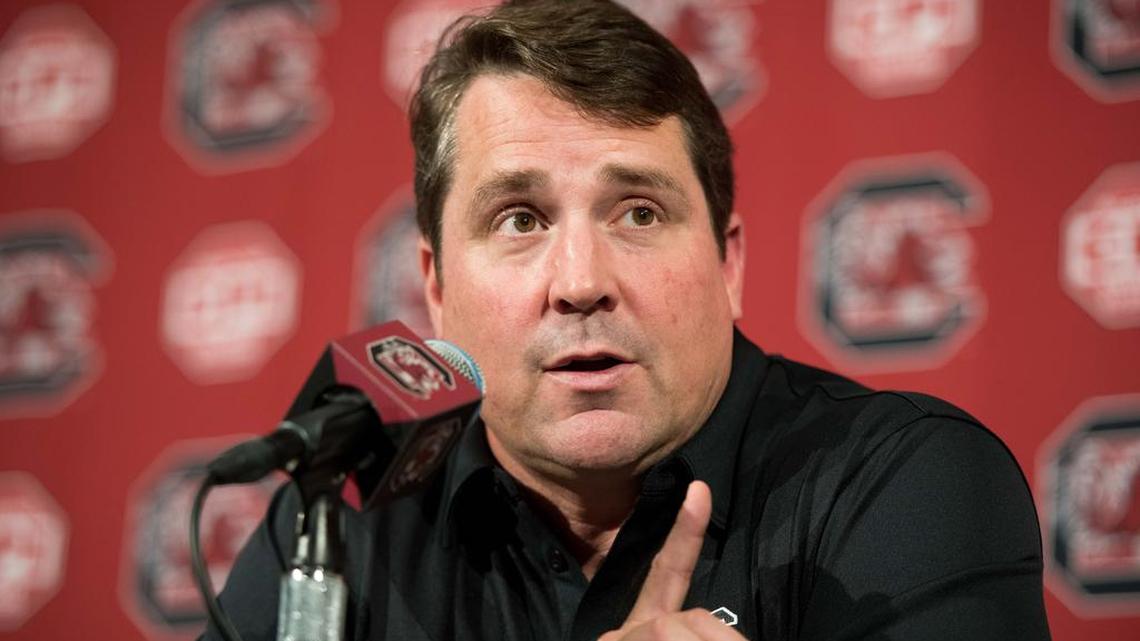 South Carolina head coach Will Muschamp speaks with reporters at Williams Brice Stadium during media day on August 2, 2018, in Columbia.