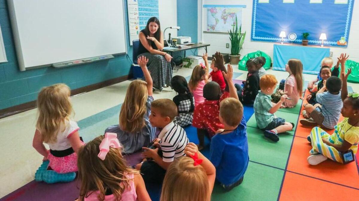 Ashley McCall talks with her kindergarteners at Saxe Gotha Elementary in Lexington School District 1.
