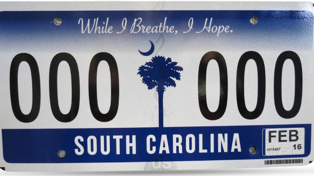South Carolina’s new license plates crowd the expiration date onto one sticker.
