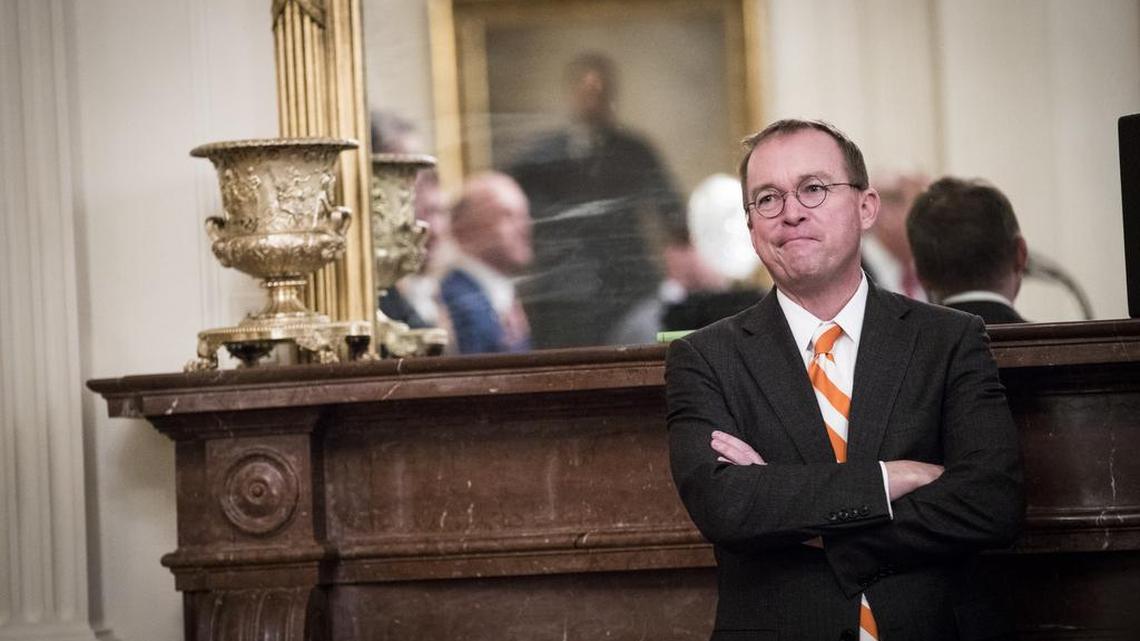 Mick Mulvaney, then the acting White House Chief of Staff, looks on as President Donald Trump hosted the Clemson Tigers football team at the White House in Washington, Jan. 14, 2019.