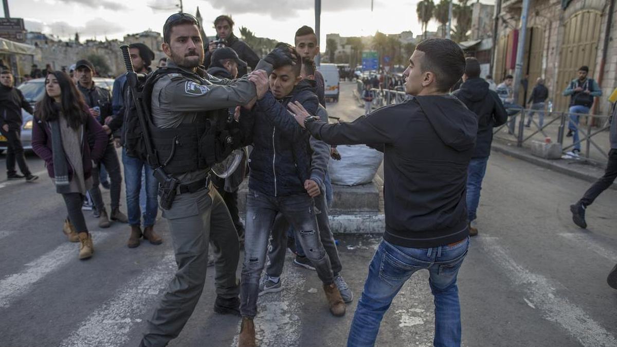 Israeli police clash last week with Palestinian demonstrators at the Damascus Gate outside the Old City of Jerusalem, where ‘diversity’ isn’t working so well.