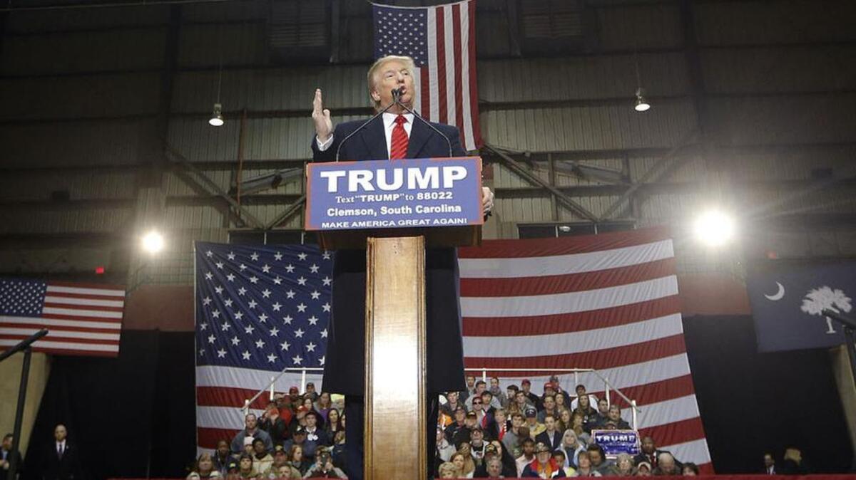 Donald Trump speaks during a rally at Clemson University in February.