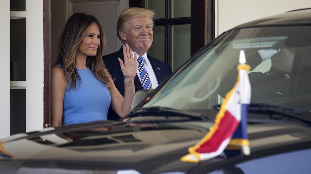 President Donald Trump and first lady Melania Trump greet President Juan Carlos Varela of Panama, and his wife, Lorena Castillo, upon their arrival at the White House on Monday.