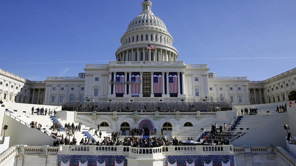 The U.S. Capitol looms over a stage during Sunday’s rehearsal of President-elect Donald Trump’s swearing-in ceremony.