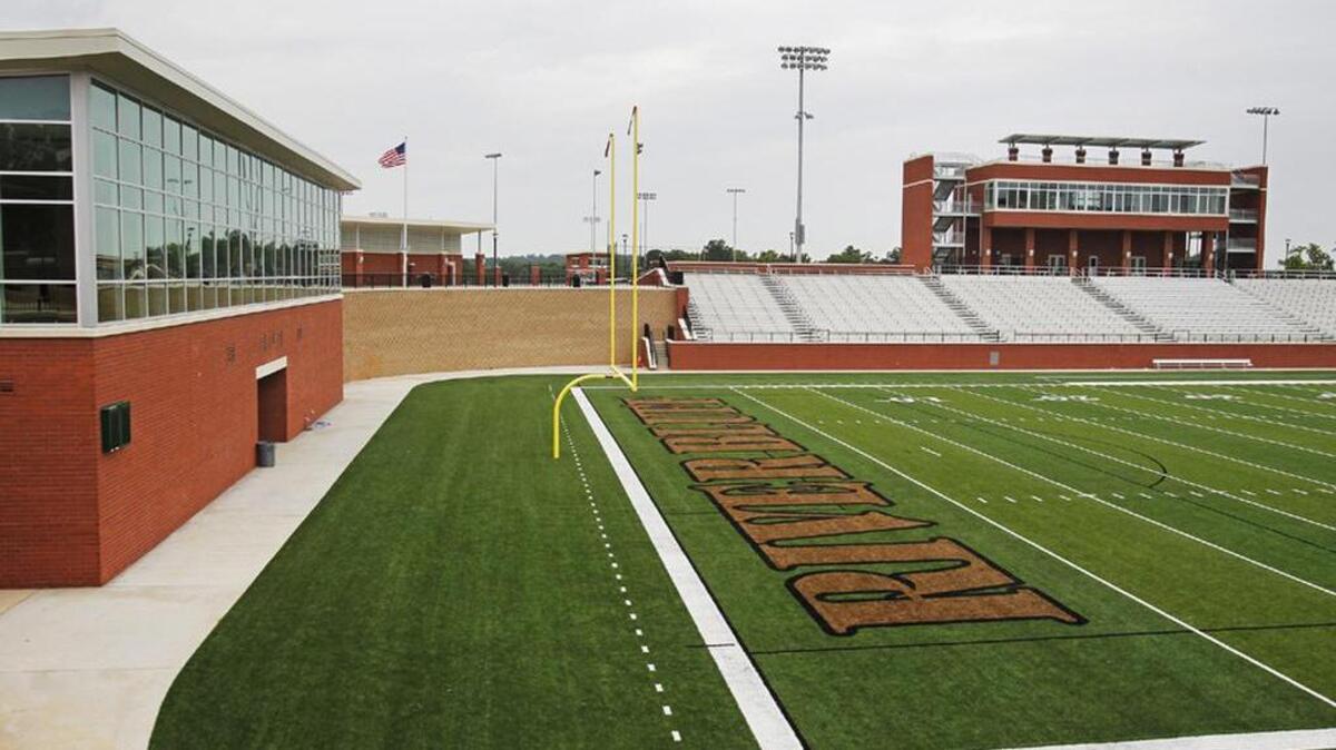 A view of the football stadium and the Gator Collaborative Commons building that overlooks the field at River Bluff High School in Lexington.