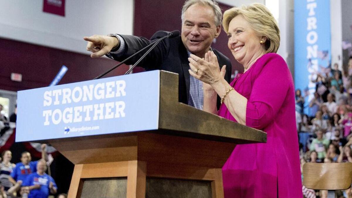 Democratic presidential candidate Hillary Clinton and vice presidential candidate Sen. Tim Kaine