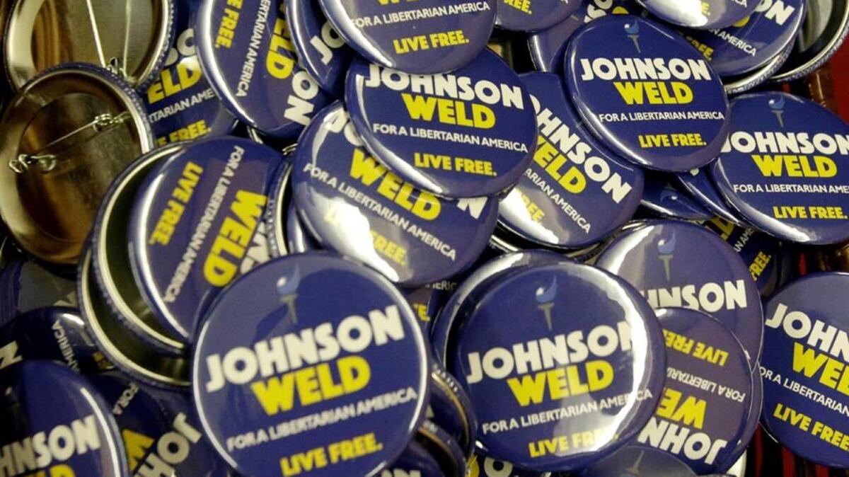 Campaign buttons for Libertarian presidential candidate Gary Johnson and vice presidential candidate Bill Weld