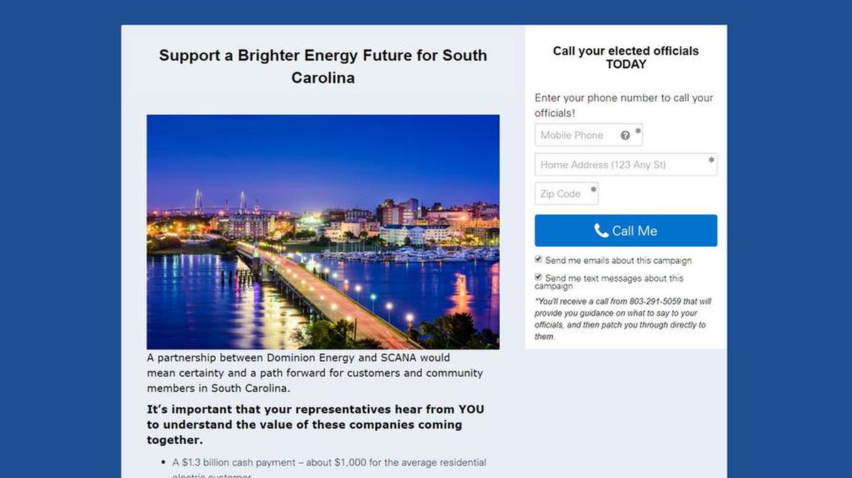 A screenshot of an advertisement Dominion Energy ran to promote its purchase of SCANA.