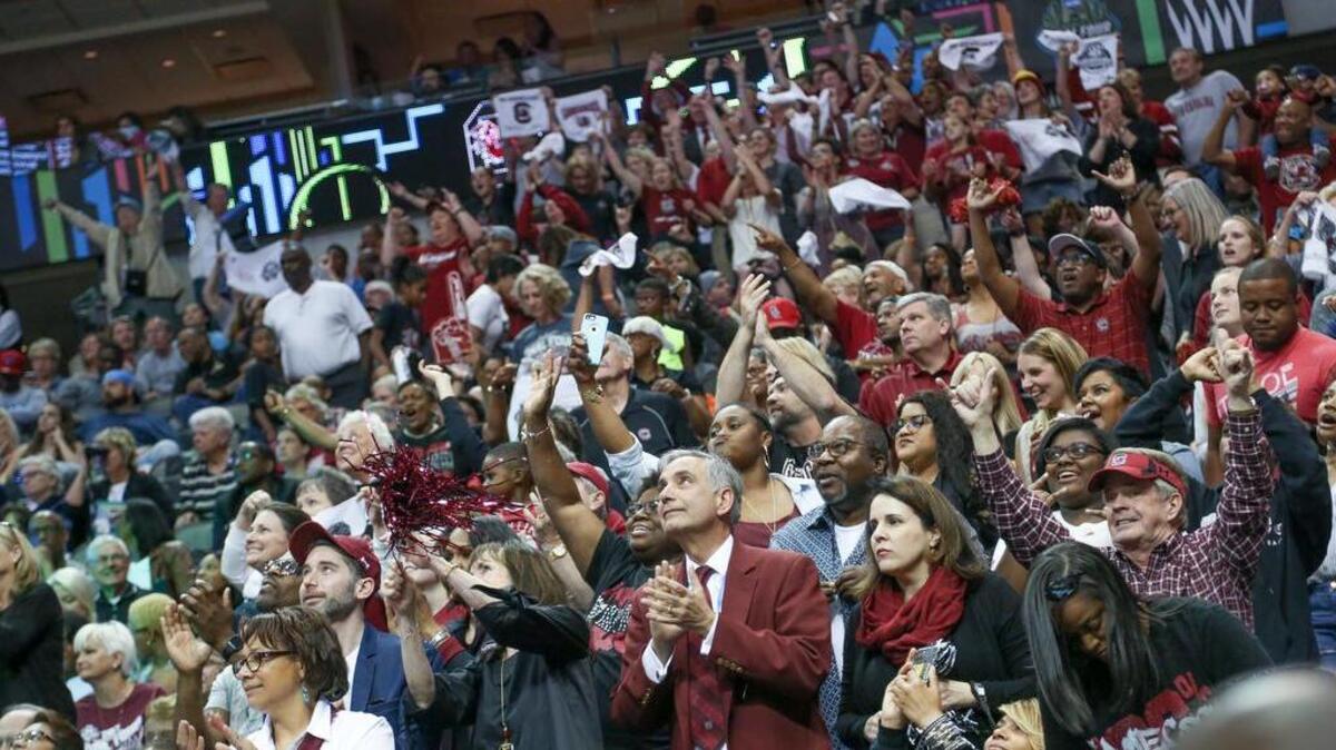 USC President Harris Pastides celebrates the Gamecock win during the 2017 NCAA Women’s National Championship semifinal game in Dallas.