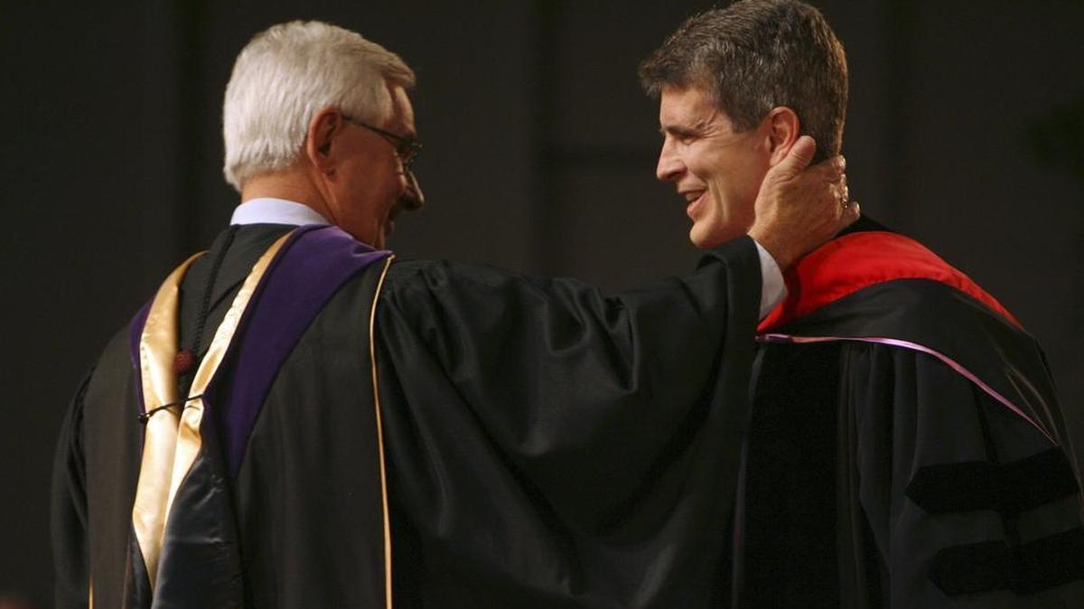 Bill Jones, right, is congratulated by former SC Supreme Court Justice E.C. Burnett during his 2007 inauguration as president of Columbia International University.