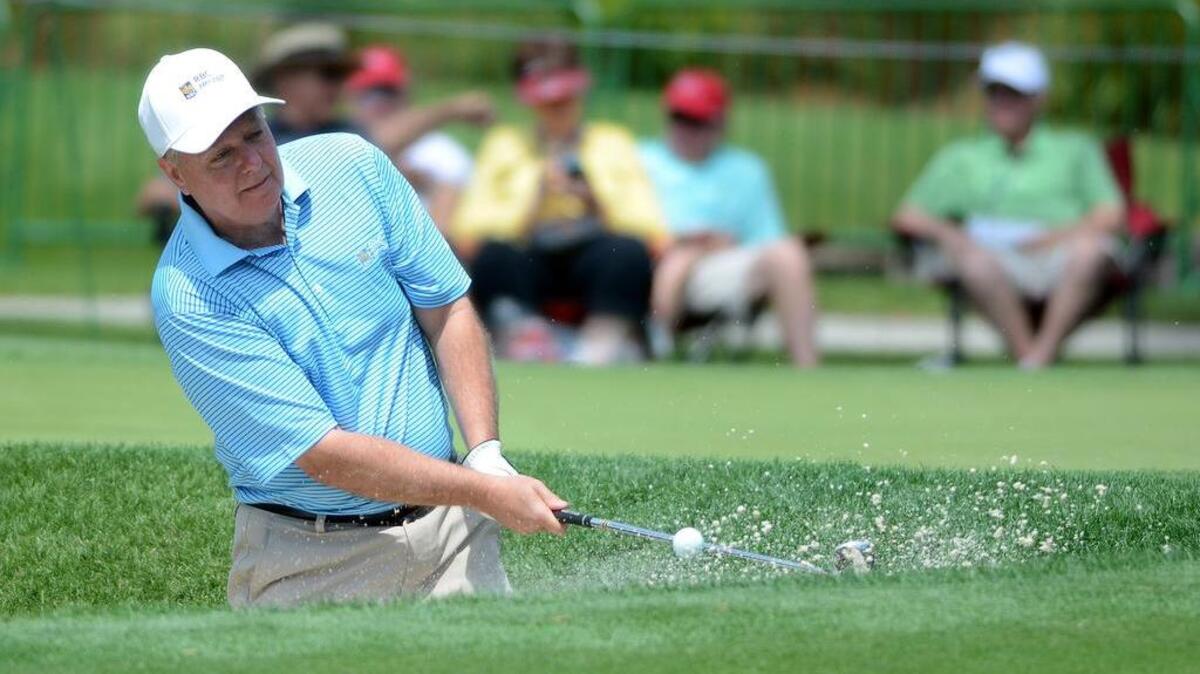 US Sen Lindsey Graham attempts a shot from a bunker on Harbour Town Golf Links during this year’s RBC Heritage presented by Boeing Pro-Am in Sea Pines on Hilton Head Island. In one week this month, he played twice with President Trump.